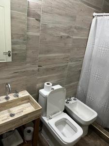 y baño con aseo, lavabo y ducha. en Travel Suites Ezeiza en Ezeiza