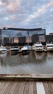 a group of boats docked in a harbor with a building at Luxurious Apartment in the heart of Docklands in Melbourne
