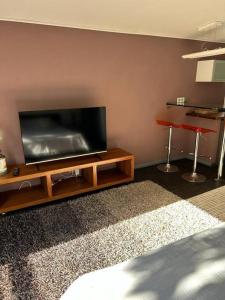 ein Wohnzimmer mit einem Flachbild-TV auf einem hölzernen Entertainment-Center in der Unterkunft Charmant Studio avec jardin in Saint-Denis