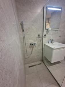 a bathroom with a shower and a sink at Heart of the City - 75sqm Suite in Skopje +12 photos