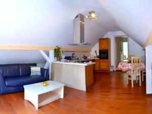 a living room with a blue couch and a kitchen at Gîte Gretel, in lush greenery, on the edge of a stream in Wangenbourg