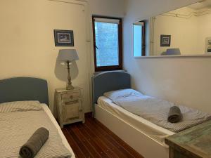 皮蘭的住宿－Unique spacious apartment with terrace，一间卧室配有两张床和镜子