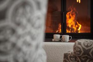two coffee cups sitting next to a fireplace at Residence Eden in Arosa