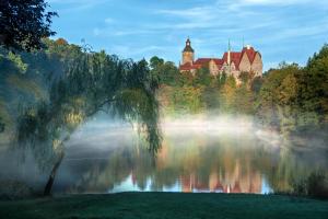 een kasteel op een heuvel naast een meer met mist bij Zamek Czocha in Leśna