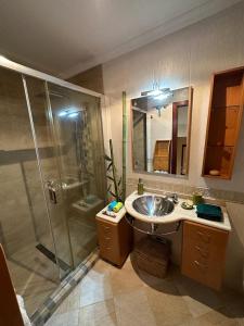 a bathroom with a sink and a shower at Mikalita in San Fernando