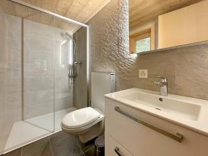 La salle de bains est pourvue de toilettes, d'un lavabo et d'une douche. dans l'établissement Chalet a Didi - Alps Paradise - 4 Vallees, à La Tzoumaz