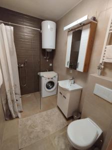 a bathroom with a toilet and a sink and a washing machine at DežaVu in Ledine +23 photos