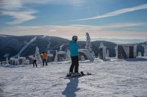eine Person auf Skiern, die auf einem schneebedeckten Berg steht in der Unterkunft Wellness Hotel Astra in Špindlerův Mlýn
