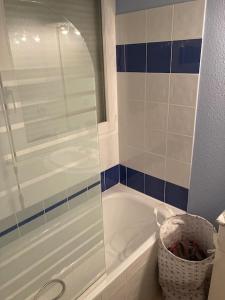 ein Bad mit einer Dusche und einer Badewanne mit einem Korb in der Unterkunft Appartement T2 lumineux in Frontignan