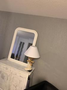 eine Lampe auf einer Kommode mit einem Spiegel in der Unterkunft Appartement T2 lumineux in Frontignan