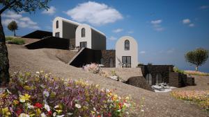 阿克羅蒂里的住宿－Bay View Residences Santorini，花 ⁇ 的山丘上房屋的 ⁇ 染