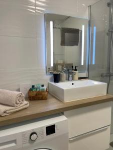 a bathroom with a white sink and a mirror at Le Tranquille - Calme - Parking privé in Ambilly