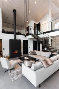 a living room with two couches and a fireplace at Villa Ailo in Kittilä