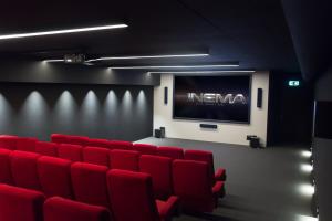 une salle de cinéma avec des chaises rouges et un écran dans l'établissement Swiss Holiday Park Resort, à Morschach