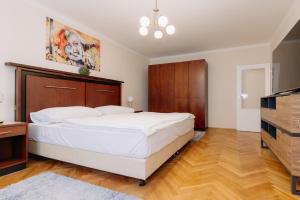 - une chambre avec un grand lit blanc et une télévision dans l'établissement Apartments TGM 11, à Karlovy Vary