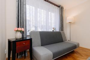 - un salon avec un canapé et une fenêtre dans l'établissement Apartments TGM 11, à Karlovy Vary