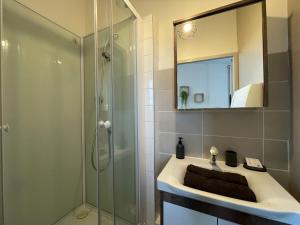 a bathroom with a shower and a sink with a mirror at Studio proche de la gare in Auxerre +11 photos