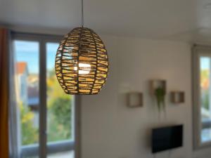 a pendant light hanging in a room with a window at Studio proche de la gare in Auxerre