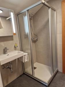 a bathroom with a shower and a sink at Ferienwohnungen Haas in Jerzens +14 photos