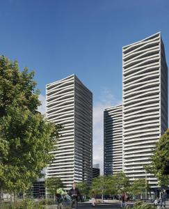 zwei große Gebäude in einer Stadt mit Leuten vor ihnen in der Unterkunft THREE POINT Apartments in Zürich