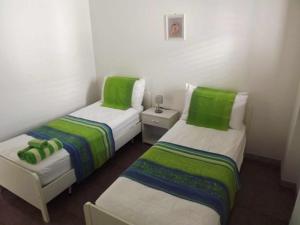 レウカにあるVilletta ristola s m di leucaの緑色をアクセントにした小さな部屋のベッド2台