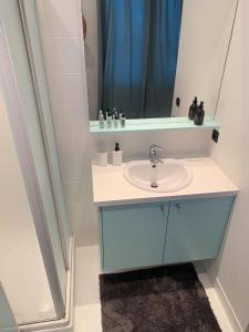 a bathroom with a sink and a mirror at Royal South - Apartment Antwerp with Parkview in Antwerp