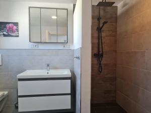 a bathroom with a sink and a shower at Ferienwohnung am Nationalpark Hunsrück Hochwald in Brücken +10 photos