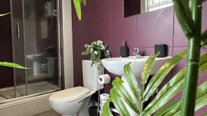 uma casa de banho com um WC e um lavatório em Snug apartment in the heart of Castleford em Castleford