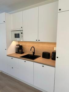 kuchnia z białymi szafkami i zlewem w obiekcie Brand New! Villa Moon w mieście Rovaniemi