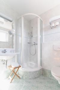 uma casa de banho com um chuveiro, um WC e um lavatório. em Mahorko Wein Wellness Wasserbüffel em Glanz an der Weinstraße