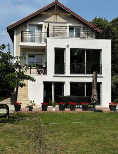 duży biały dom z roślinami przed nim w obiekcie Logement entier: maison, chez Lucia et Georges w mieście Sucy-en-Brie