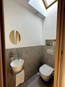 W łazience znajduje się umywalka, toaleta i lustro. w obiekcie Logement entier: maison, chez Lucia et Georges w mieście Sucy-en-Brie