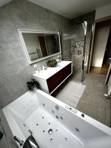 W łazience znajduje się wanna, umywalka i lustro. w obiekcie Logement entier: maison, chez Lucia et Georges w mieście Sucy-en-Brie