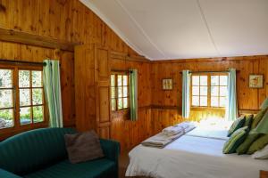 ein Schlafzimmer mit einem Bett, einem Sofa und Fenstern in der Unterkunft Mount Park Guest Farm in Dargle