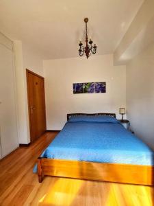 a bedroom with a bed and a chandelier at Appartamento Jever House in Rigolato +4 photos
