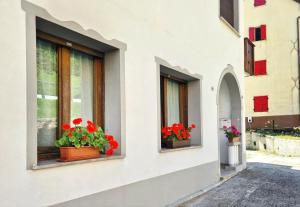three windows with flowers in them on a building at Appartamento Jever House in Rigolato