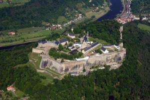 an aerial view of a castle on a hill at Die Holzschuhmühle in Bielatal