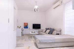 ein weißes Wohnzimmer mit einem Sofa und einem TV in der Unterkunft Apartamento pedro miguel casco antiguo in Sevilla