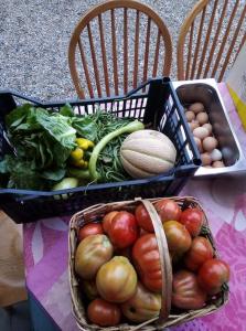 dos cestas de frutas y hortalizas sobre una mesa en Agriturismo a Canonica en Garlenda