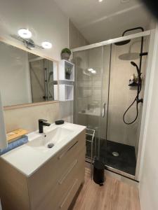 een badkamer met een witte wastafel en een douche bij Appartement centre ville in Fontainebleau