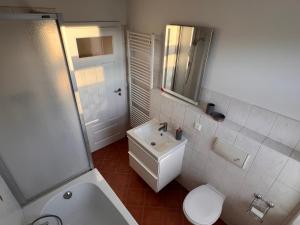 ein Badezimmer mit einem Waschbecken, einem WC und einem Spiegel in der Unterkunft Top Ferienwohnung, Zentrum, mit Garten, am Radweg in Bautzen