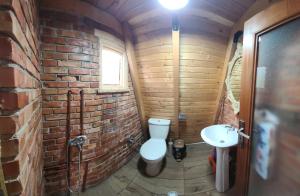 a bathroom with a toilet and a sink in a brick wall at Life on the farm in Nepravishtë +58 photos