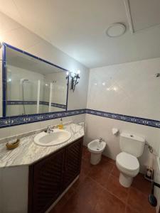 a bathroom with a sink and a toilet and a mirror at Apartamentos Turísticos La Posada in Oropesa