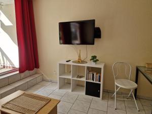 蒂爾凱姆的住宿－les griffes d'or，客厅的墙上配有平面电视。