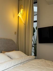 a bedroom with a bed and a curtain and a tv at URBAN Penthouse FREE parking i rowery in Poznań