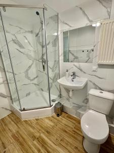 a bathroom with a shower and a toilet and a sink at Grey House in Wrocław