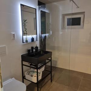 a bathroom with a black sink and a shower at Ako doma in Poltár