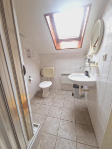 een badkamer met een wastafel en een toilet met een dakraam bij Penzion a restaurant Sportturia 