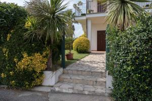 een huis met palmbomen en een stenen loopbrug bij Residenza Lucia in Campagnano di Roma