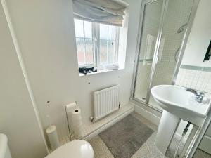 baño con lavabo y aseo y ventana en Elvetham Nest Guesthouse, Basingstoke, en Basingstoke